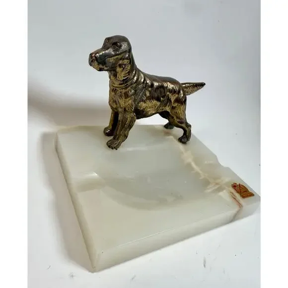 Vintage MCM Mid Century Brass Cocker Spaniel Figure on Solid Onyx Ashtray 6”sq